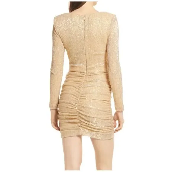 Lavish Alice NWT Gold Ruched Sequin Long Sleeve Mini Dress Size 4 - Picture 2 of 8